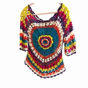 Boho Colorful Knit Cover Up Crochet Top Festival Wear S/M Mandala